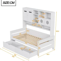 Lit Gigogne 90x200 cm - Lit Simple avec Deux Tiroirs de Rangement - Bois - Blanc - Sans Matelas