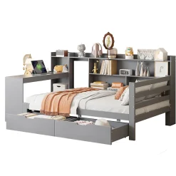 Lit Gigogne 90x200 cm - Lit Simple avec Bureau, Bibliothèque et Rangement Intégré, Sans Matelas - Bois Gris