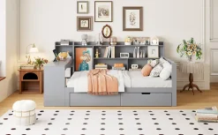 Lit Gigogne 90x200 cm - Lit Simple avec Bureau, Bibliothèque et Rangement Intégré, Sans Matelas - Bois Gris