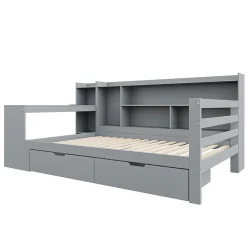 Lit Gigogne 90x200 cm - Lit Simple avec Bureau, Bibliothèque et Rangement Intégré, Sans Matelas - Bois Gris