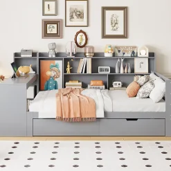 Lit Gigogne 90x200 cm - Lit Simple avec Bureau, Bibliothèque et Rangement Intégré, Sans Matelas - Bois Gris