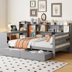 Lit Gigogne 90x200 cm - Lit Simple avec Bureau, Bibliothèque et Rangement Intégré, Sans Matelas - Bois Gris