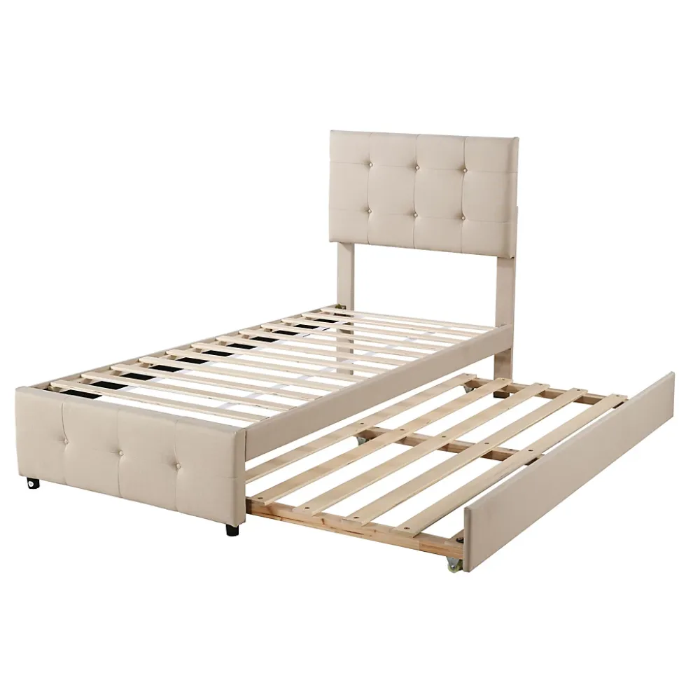 Lit Gigogne 90x200 cm - Lit Simple enfant avec Sommier à Lattes, Tête de Lit Réglable, Structure MDF et Métal, Sans Matelas, Beige