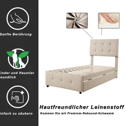 Lit Gigogne 90x200 cm - Lit Simple enfant avec Sommier à Lattes, Tête de Lit Réglable, Structure MDF et Métal, Sans Matelas, Beige