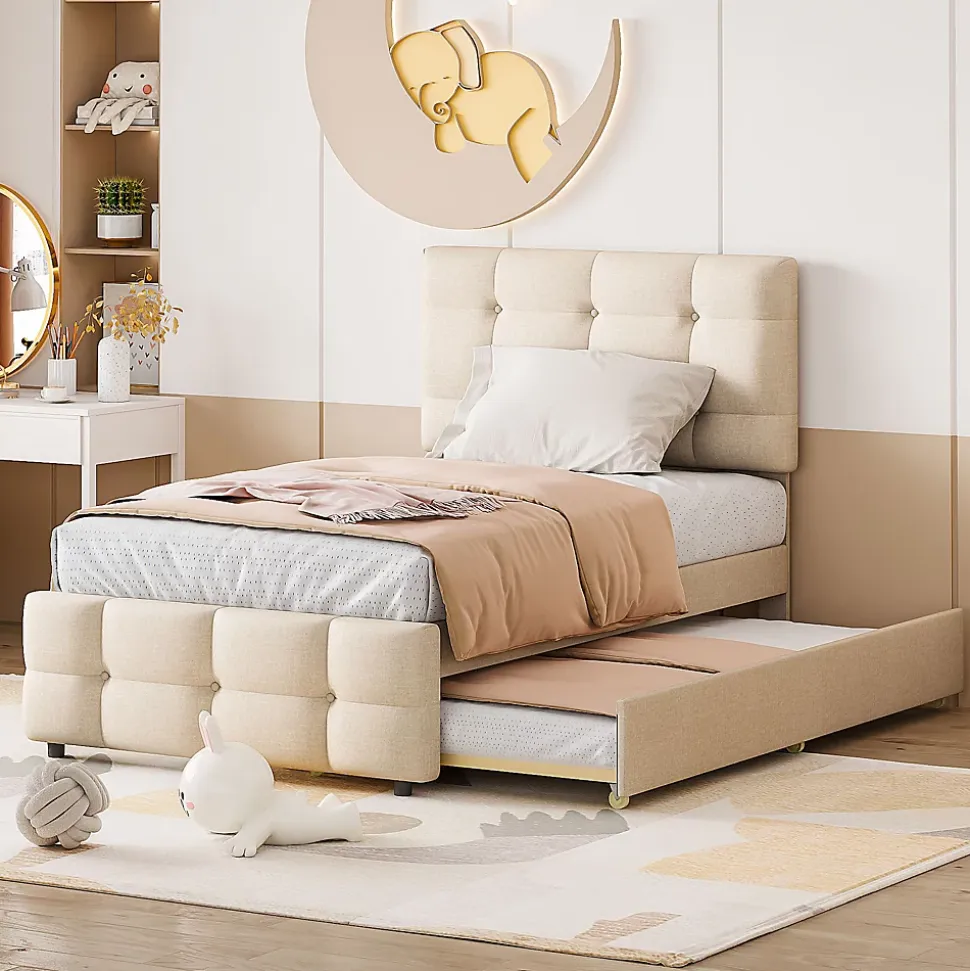 Lit Gigogne 90x200 cm - Lit Simple enfant avec Sommier à Lattes, Tête de Lit Réglable, Structure MDF et Métal, Sans Matelas, Beige