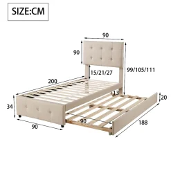 Lit Gigogne 90x200 cm - Lit Simple enfant avec Sommier à Lattes, Tête de Lit Réglable, Structure MDF et Métal, Sans Matelas, Beige