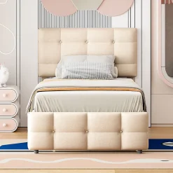 Lit Gigogne 90x200 cm - Lit Simple enfant avec Sommier à Lattes, Tête de Lit Réglable, Structure MDF et Métal, Sans Matelas, Beige