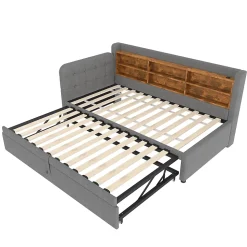 Lit Gigogne 90x200 cm - Lit Simple avec Rangement et Lit Gigogne Intégré, Ports USB et Type-C, Lin Gris