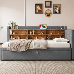 Lit Gigogne 90x200 cm - Lit Simple avec Rangement et Lit Gigogne Intégré, Ports USB et Type-C, Lin Gris