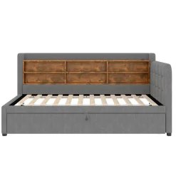 Lit Gigogne 90x200 cm - Lit Simple avec Rangement et Lit Gigogne Intégré, Ports USB et Type-C, Lin Gris