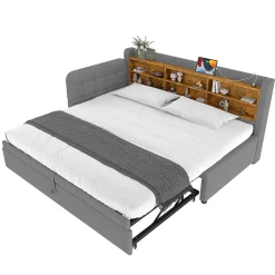 Lit Gigogne 90x200 cm - Lit Simple avec Rangement et Lit Gigogne Intégré, Ports USB et Type-C, Lin Gris