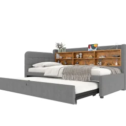 Lit Gigogne 90x200 cm - Lit Simple avec Rangement et Lit Gigogne Intégré, Ports USB et Type-C, Lin Gris