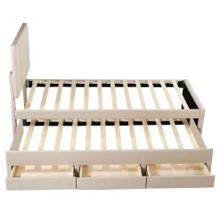 Lit gigogne 90x200 cm - Lit simple enfant avec tiroirs et lit d'appoint, sans matelas - Revêtement en lin, Beige