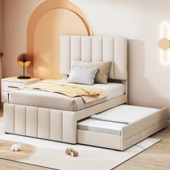 Lit gigogne 90x200 cm - Lit simple enfant avec tiroirs et lit d'appoint, sans matelas - Revêtement en lin, Beige