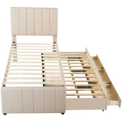 Lit gigogne 90x200 cm - Lit simple enfant avec tiroirs et lit d'appoint, sans matelas - Revêtement en lin, Beige