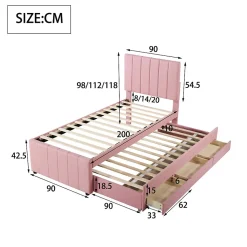 Lit Gigogne 90x200 cm - Lit Simple enfant avec Tiroirs et Couchage d'Ombre, Revêtement en Lin Doux, Sans Matelas - Rose