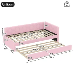 Lit Gigogne 90x200 cm - Lit Tiroir et Lampe Intégrée avec Ports USB et Type-C - Sans Matelas - Rose Imitation Laine