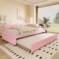 Lit Gigogne 90x200 cm - Lit Tiroir et Lampe Intégrée avec Ports USB et Type-C - Sans Matelas - Rose Imitation Laine