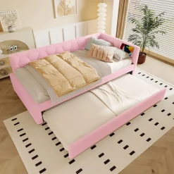 Lit Gigogne 90x200 cm - Lit Tiroir et Lampe Intégrée avec Ports USB et Type-C - Sans Matelas - Rose Imitation Laine