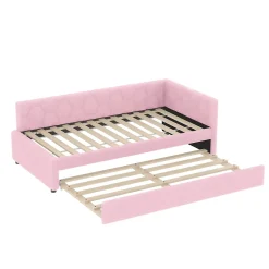 Lit Gigogne 90x200 cm - Lit Tiroir et Lampe Intégrée avec Ports USB et Type-C - Sans Matelas - Rose Imitation Laine