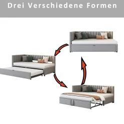 Lit Gigogne 90/180x200 cm - L-Shaped avec Lit Coulissant pour enfants et Invités, Multifonction, Velours Gris Clair, Sans Matelas