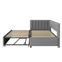 Lit Gigogne 90/180x200 cm - L-Shaped avec Lit Coulissant pour enfants et Invités, Multifonction, Velours Gris Clair, Sans Matelas