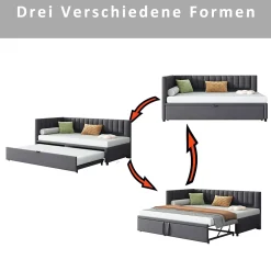 Lit Gigogne 90/180x200 cm - L-Shaped avec Lit Coulissant, Convertible pour enfants et Invités, Velours Gris Foncé, Sans Matelas