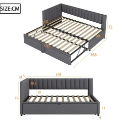 Lit Gigogne 90/180x200 cm - L-Shaped avec Lit Coulissant, Convertible pour enfants et Invités, Velours Gris Foncé, Sans Matelas