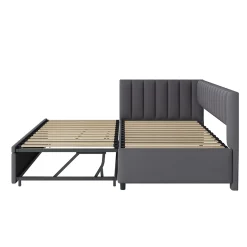 Lit Gigogne 90/180x200 cm - L-Shaped avec Lit Coulissant, Convertible pour enfants et Invités, Velours Gris Foncé, Sans Matelas