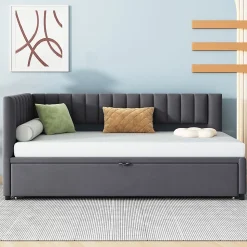 Lit Gigogne 90/180x200 cm - L-Shaped avec Lit Coulissant, Convertible pour enfants et Invités, Velours Gris Foncé, Sans Matelas