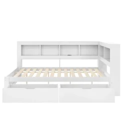 Lit gigogne 140x200 cm ado avec couchage supplémentaire 90x190 cm, prises et 2 ports USB, structure pin+MDF blanc