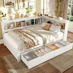 Lit gigogne 140x200 cm ado avec couchage supplémentaire 90x190 cm, prises et 2 ports USB, structure pin+MDF blanc