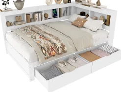 Lit gigogne 140x200 cm ado avec couchage supplémentaire 90x190 cm, prises et 2 ports USB, structure pin+MDF blanc