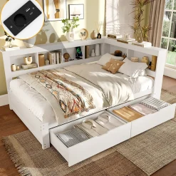 Lit gigogne 140x200 cm ado avec couchage supplémentaire 90x190 cm, prises et 2 ports USB, structure pin+MDF blanc