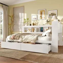 Lit gigogne 140x200 cm ado avec couchage supplémentaire 90x190 cm, prises et 2 ports USB, structure pin+MDF blanc