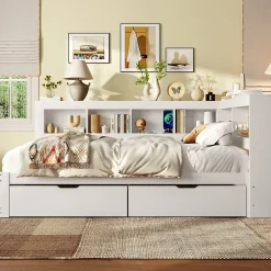 Lit gigogne 140x200 cm ado avec couchage supplémentaire 90x190 cm, prises et 2 ports USB, structure pin+MDF blanc