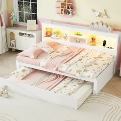 Lit gigogne 90x200 cm ado/enfant avec tiroir coulissant, LED télécommandée, ports USB, prise électrique et rangement - blanc