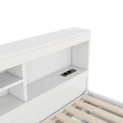 Lit gigogne 90x200 cm ado/enfant avec tiroir coulissant, LED télécommandée, ports USB, prise électrique et rangement - blanc