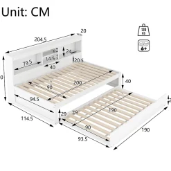 Lit gigogne 90x200 cm ado/enfant avec tiroir coulissant, LED télécommandée, ports USB, prise électrique et rangement - blanc