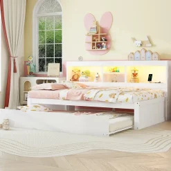 Lit gigogne 90x200 cm ado/enfant avec tiroir coulissant, LED télécommandée, ports USB, prise électrique et rangement - blanc