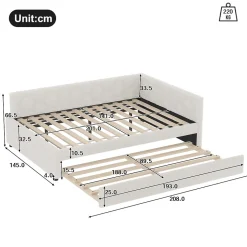 Lit gigogne 140x200 cm avec lit tiroir, lampe intégrée, ports USB et Type-C - 2 couchages gain de place - imitation laine blanc