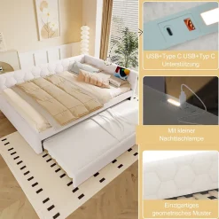 Lit gigogne 140x200 cm avec lit tiroir, lampe intégrée, ports USB et Type-C - 2 couchages gain de place - imitation laine blanc