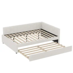 Lit gigogne 140x200 cm avec lit tiroir, lampe intégrée, ports USB et Type-C - 2 couchages gain de place - imitation laine blanc