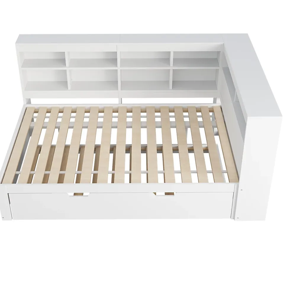 Lit Gigogne 140x200 cm avec Lit Tiroir 90x190 cm, en Bois Massif avec Rangement et Prise USB Intégrée, Lit Multifonction Blanc