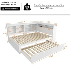 Lit Gigogne 140x200 cm avec Lit Tiroir 90x190 cm, en Bois Massif avec Rangement et Prise USB Intégrée, Lit Multifonction Blanc