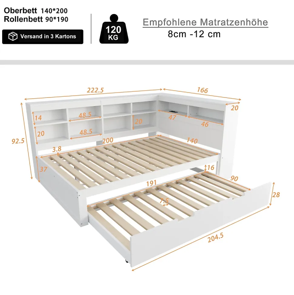 Lit Gigogne 140x200 cm avec Lit Tiroir 90x190 cm, en Bois Massif avec Rangement et Prise USB Intégrée, Lit Multifonction Blanc