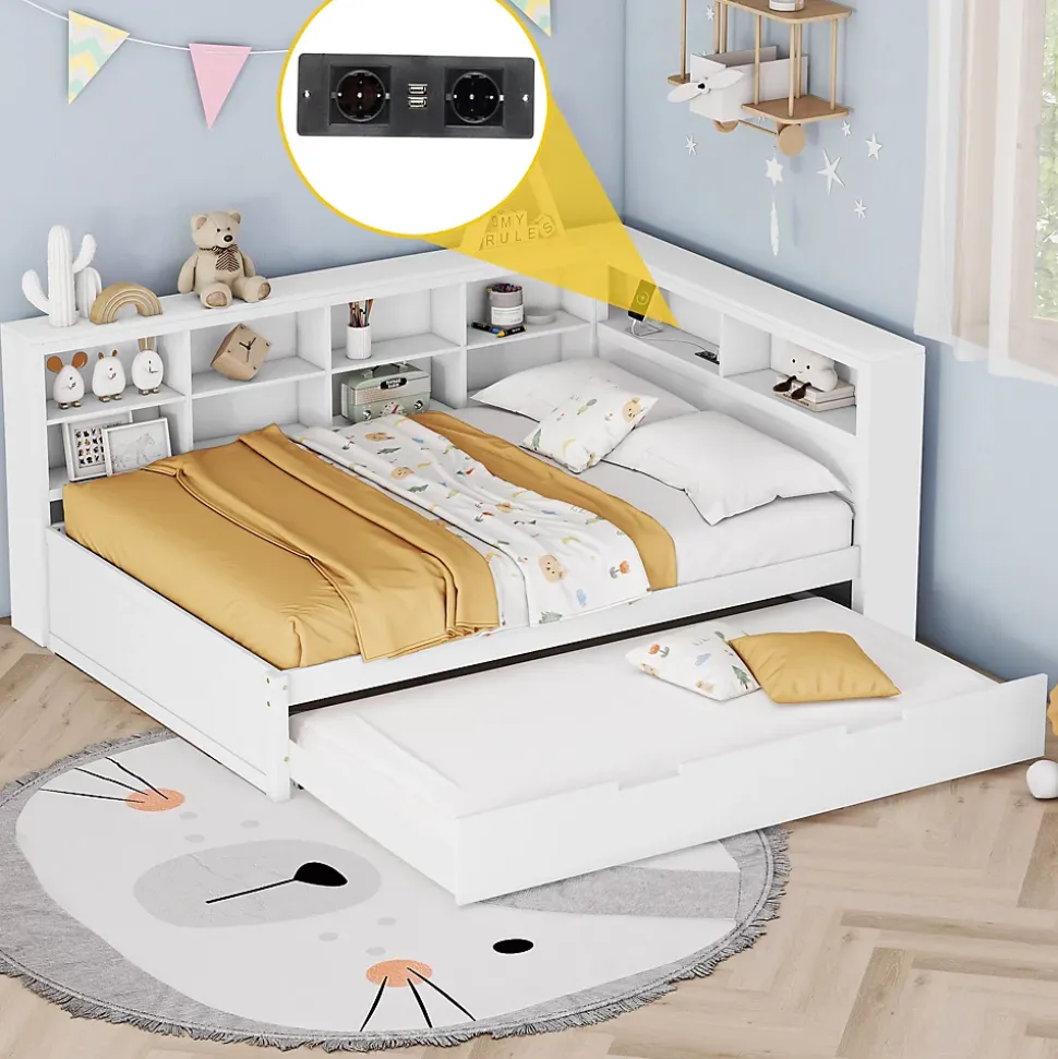 Lit Gigogne 140x200 cm avec Lit Tiroir 90x190 cm, en Bois Massif avec Rangement et Prise USB Intégrée, Lit Multifonction Blanc