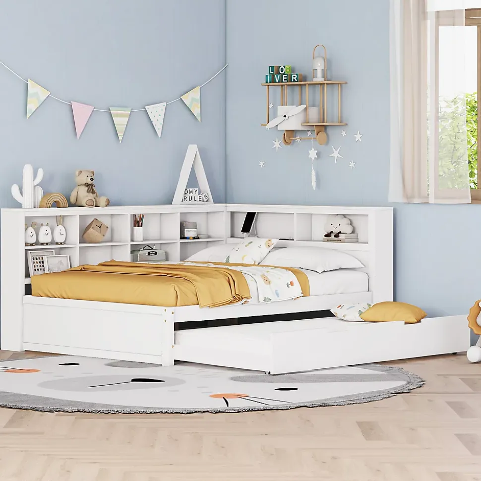 Lit Gigogne 140x200 cm avec Lit Tiroir 90x190 cm, en Bois Massif avec Rangement et Prise USB Intégrée, Lit Multifonction Blanc