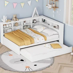 Lit Gigogne 140x200 cm avec Lit Tiroir 90x190 cm, en Bois Massif avec Rangement et Prise USB Intégrée, Lit Multifonction Blanc