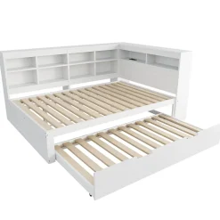 Lit Gigogne 140x200 cm avec Lit Tiroir 90x190 cm, en Bois Massif avec Rangement et Prise USB Intégrée, Lit Multifonction Blanc